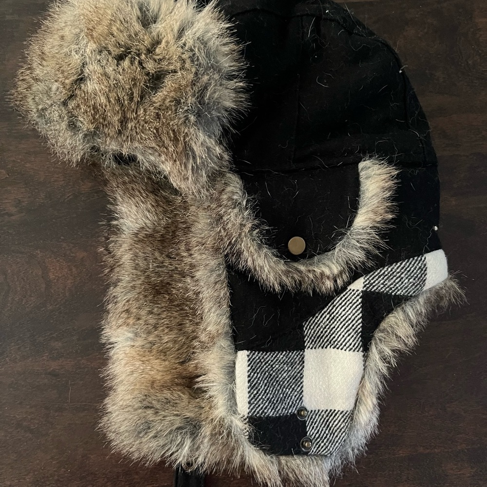 Woolrich Trapper Hat. Black and White Plaid. Size Medium.